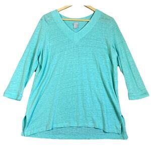 Chico's Tunic Sweater Size Medium Sea Foam 100% Linen Knit V-Neck 3/4 Sleeves